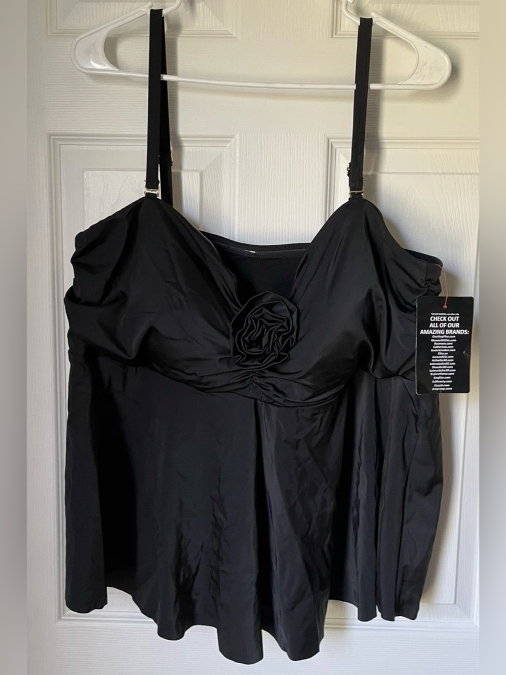Swimsuits For All Black Floral Rosette Tankini Swim Top Adjustable Straps